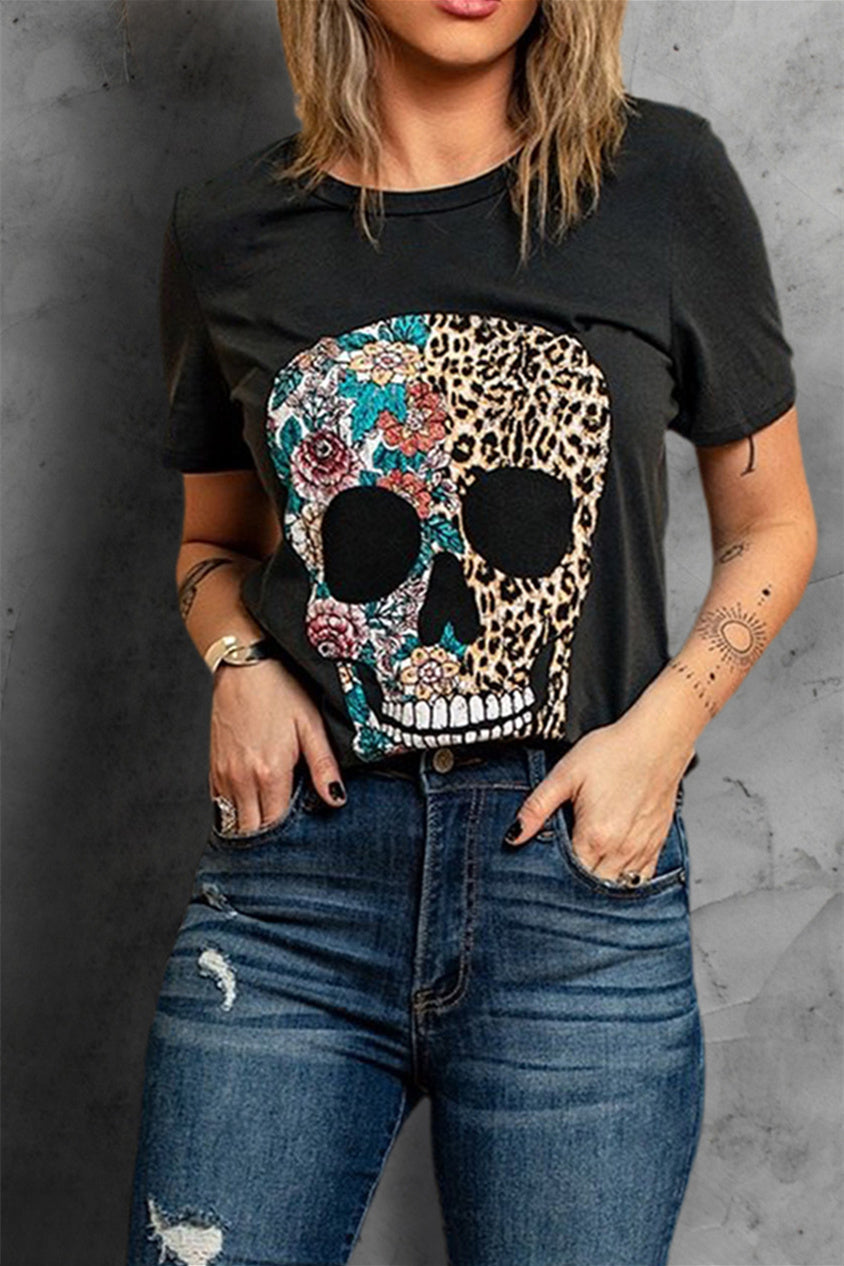 Women's Tee with Leopard-Print & Floral-Print Skull