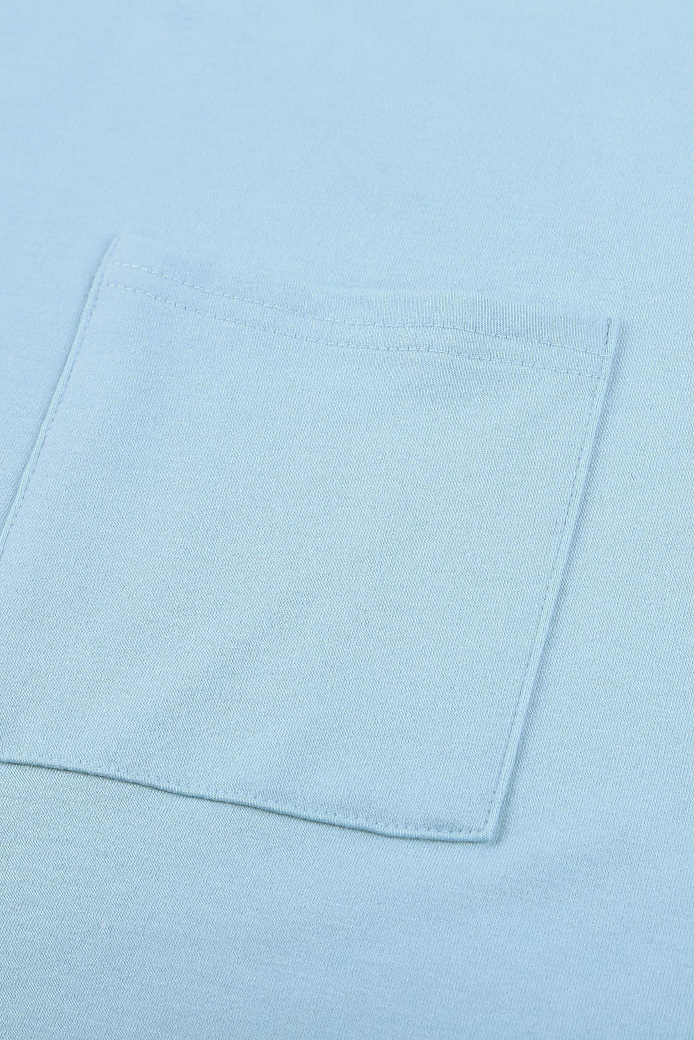 Women's Tee with Side Slits Short-Sleeve Sky Blue Knitted Pocket-Detail