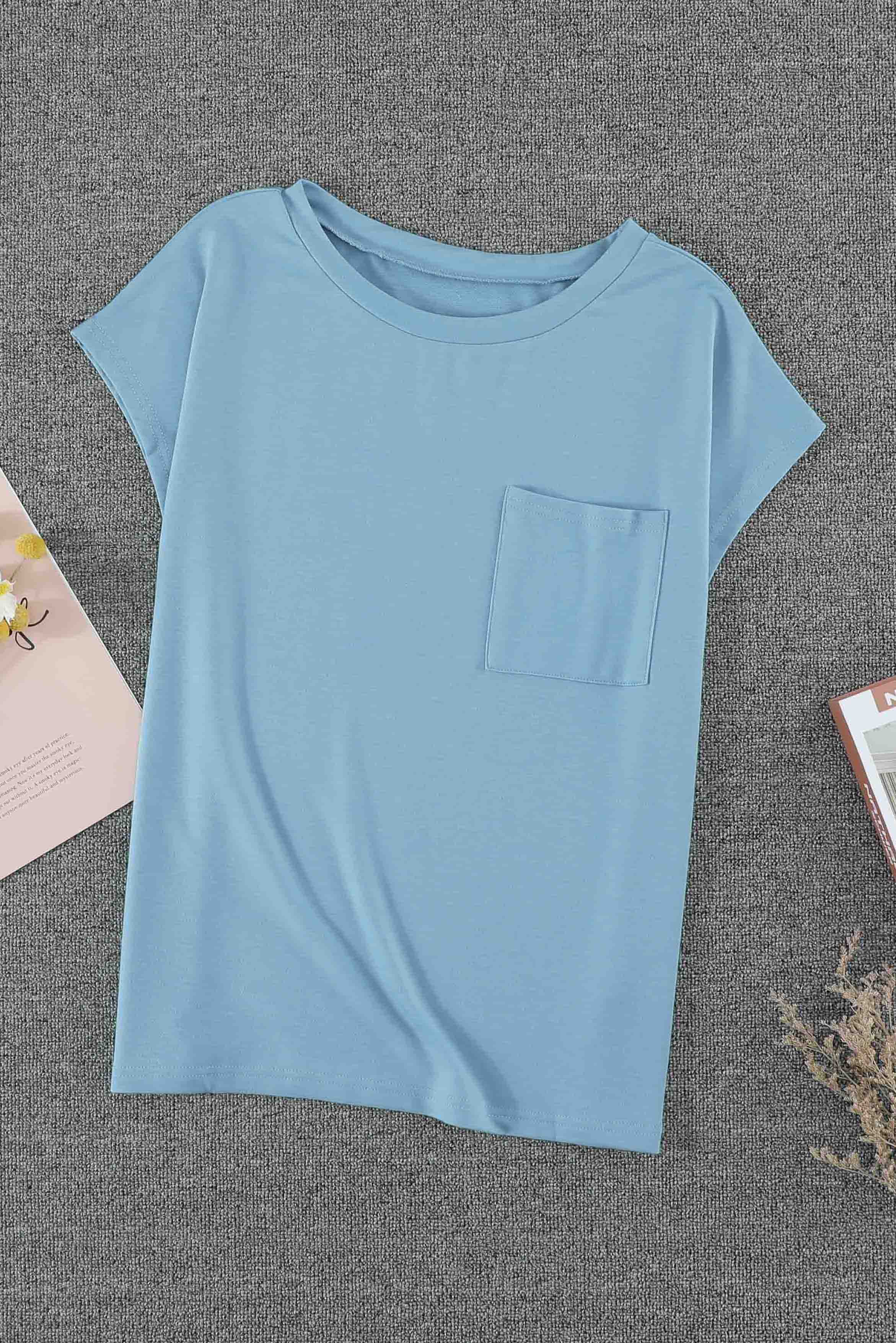Women's Tee with Side Slits Short-Sleeve Sky Blue Knitted Pocket-Detail