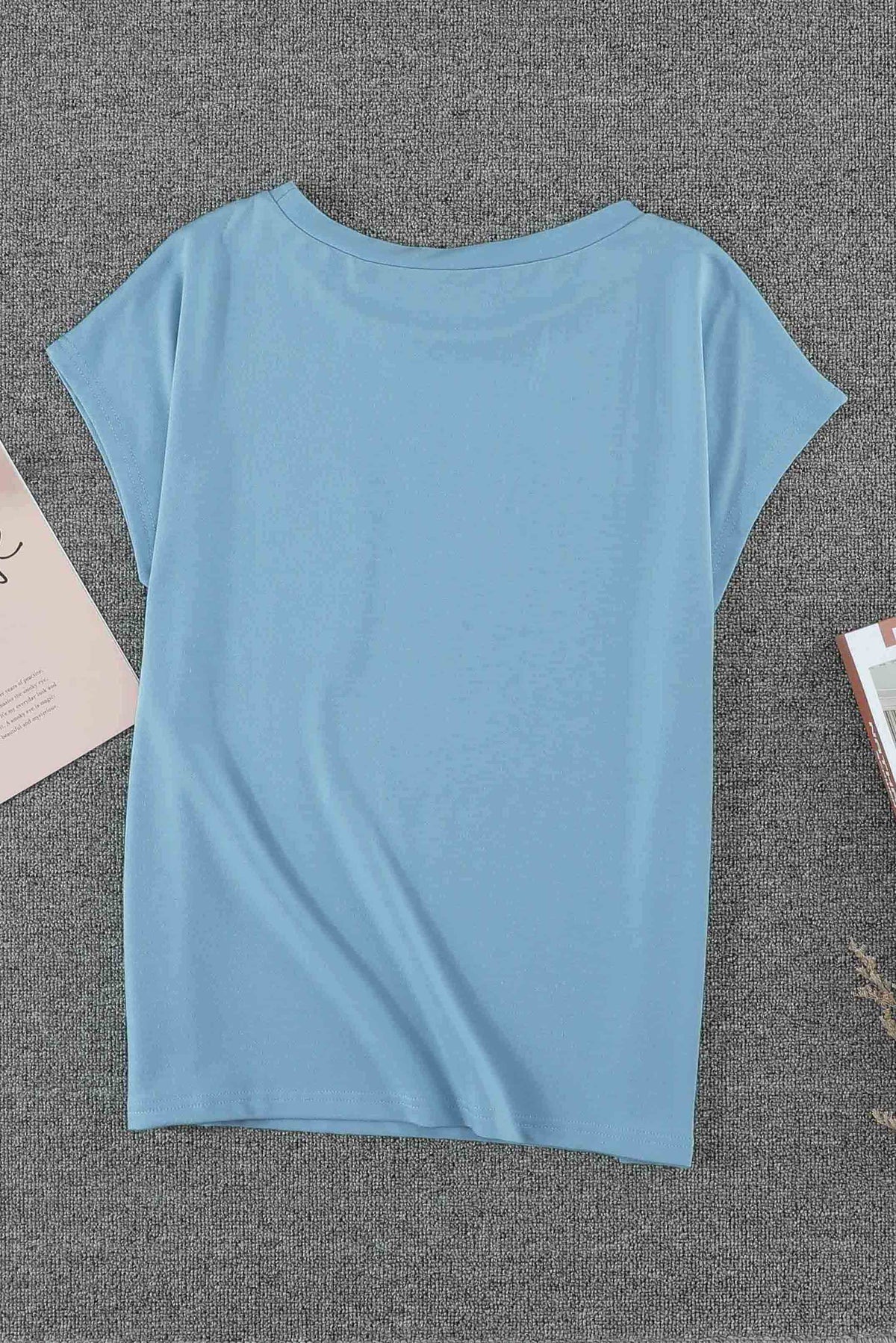 Women's Tee with Side Slits Short-Sleeve Sky Blue Knitted Pocket-Detail
