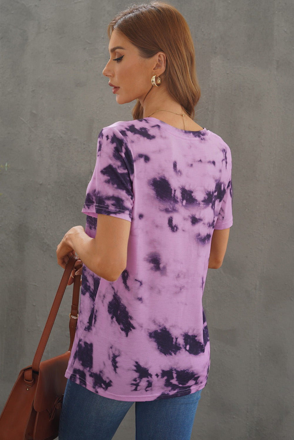 Women's T-shirt with Women Purple Short-Sleeve Tie-dye V Neck