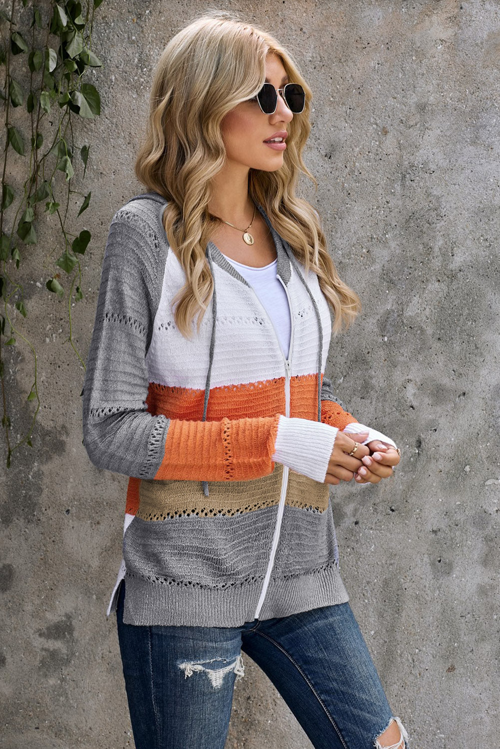 Women's Hoodie Featuring Hollow-out Knitted Womens Zipped Front Gray Color-Block