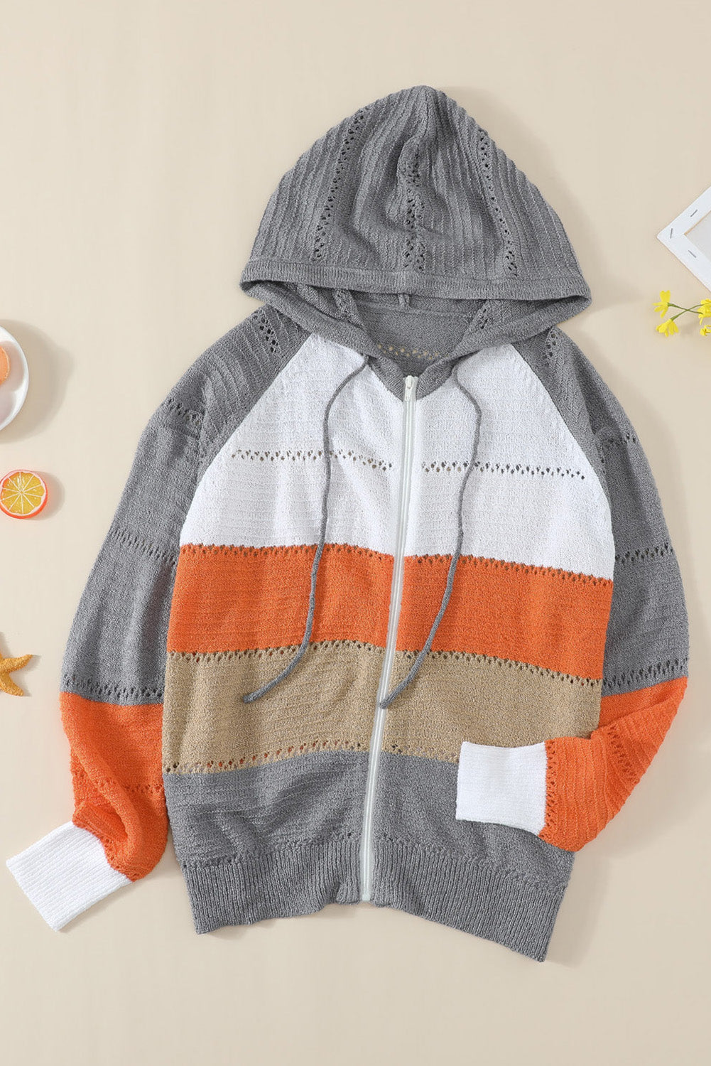 Women's Hoodie Featuring Hollow-out Knitted Womens Zipped Front Gray Color-Block