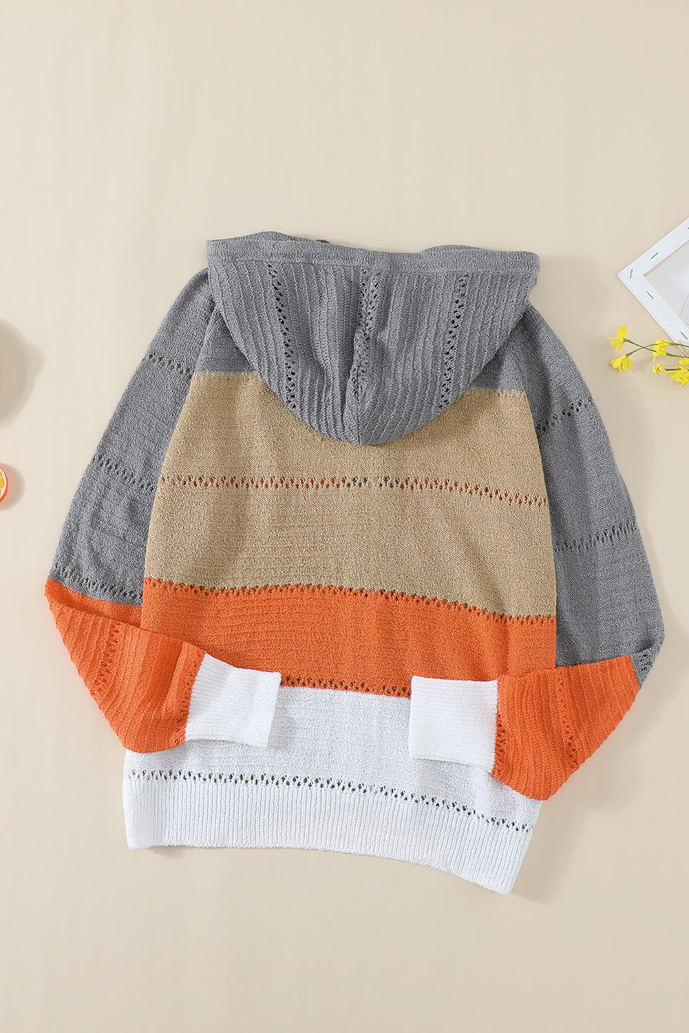 Women's Hoodie Featuring Hollow-out Knitted Womens Zipped Front Gray Color-Block