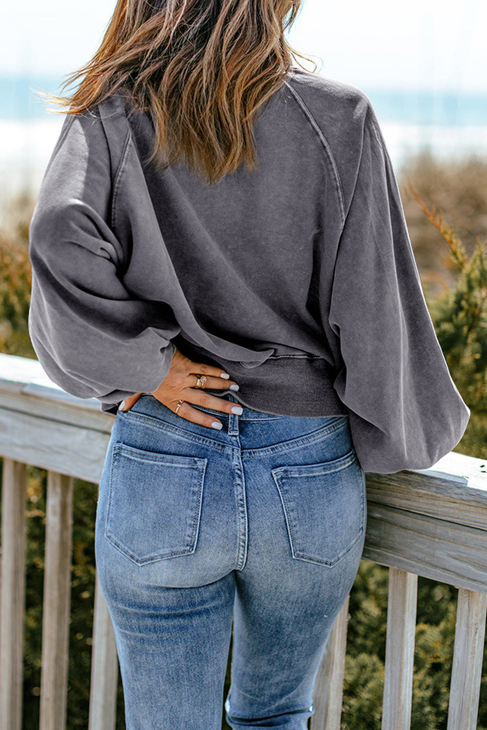 Pullover Sweatshirt for Women Gray Lantern Sleeve
