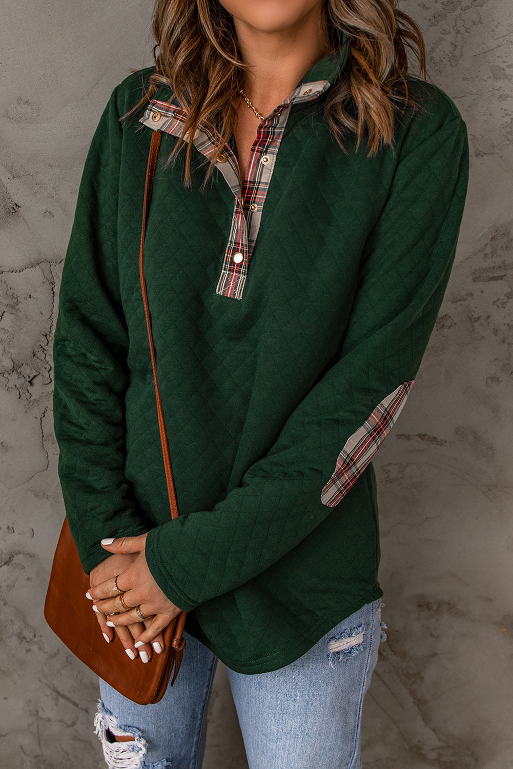 Women's Plaid Trim Geometric Texture Sweatshirt