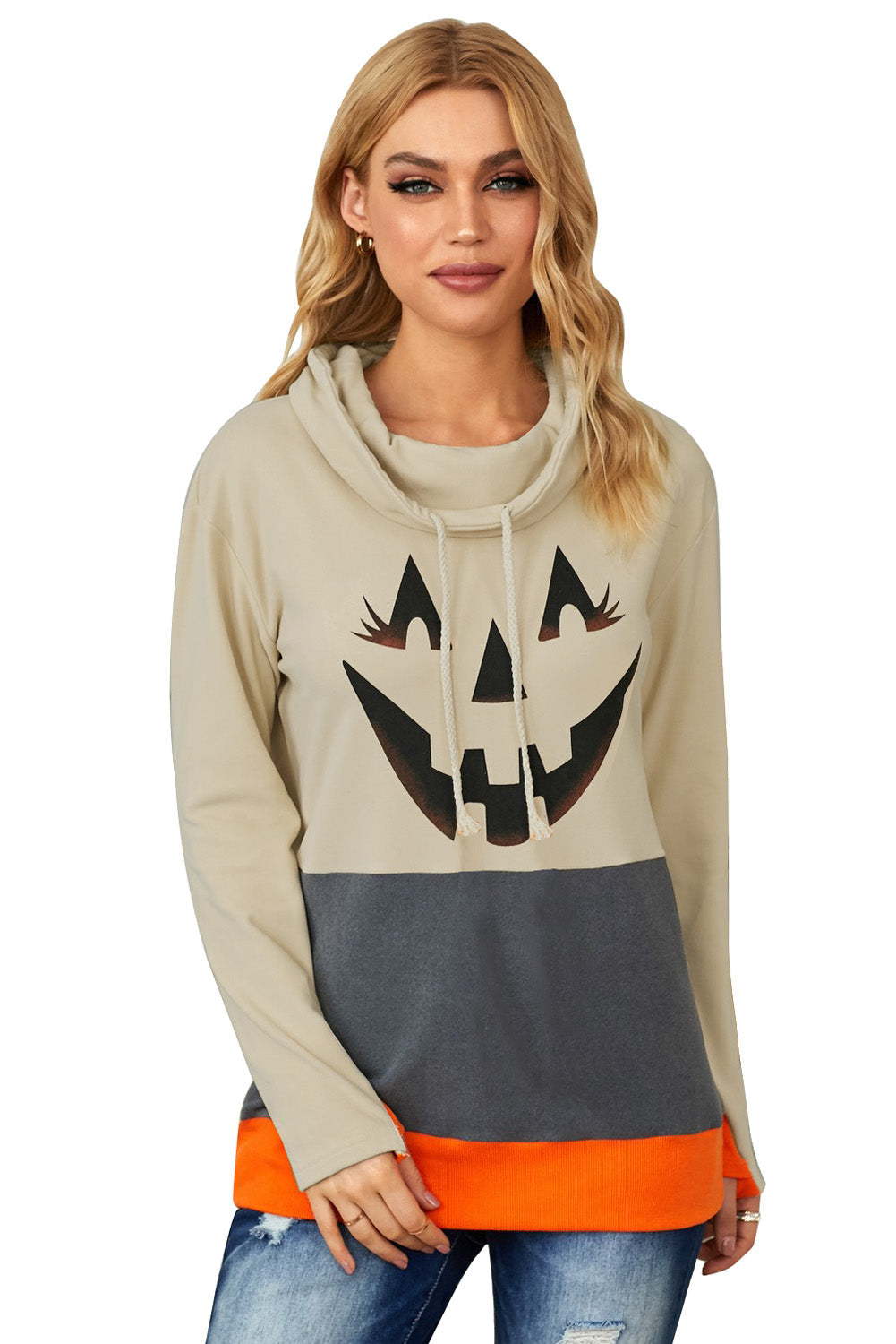 Women's Pumpkin Print Color-Block Halloween Gray Cowl Neck Sweatshirt