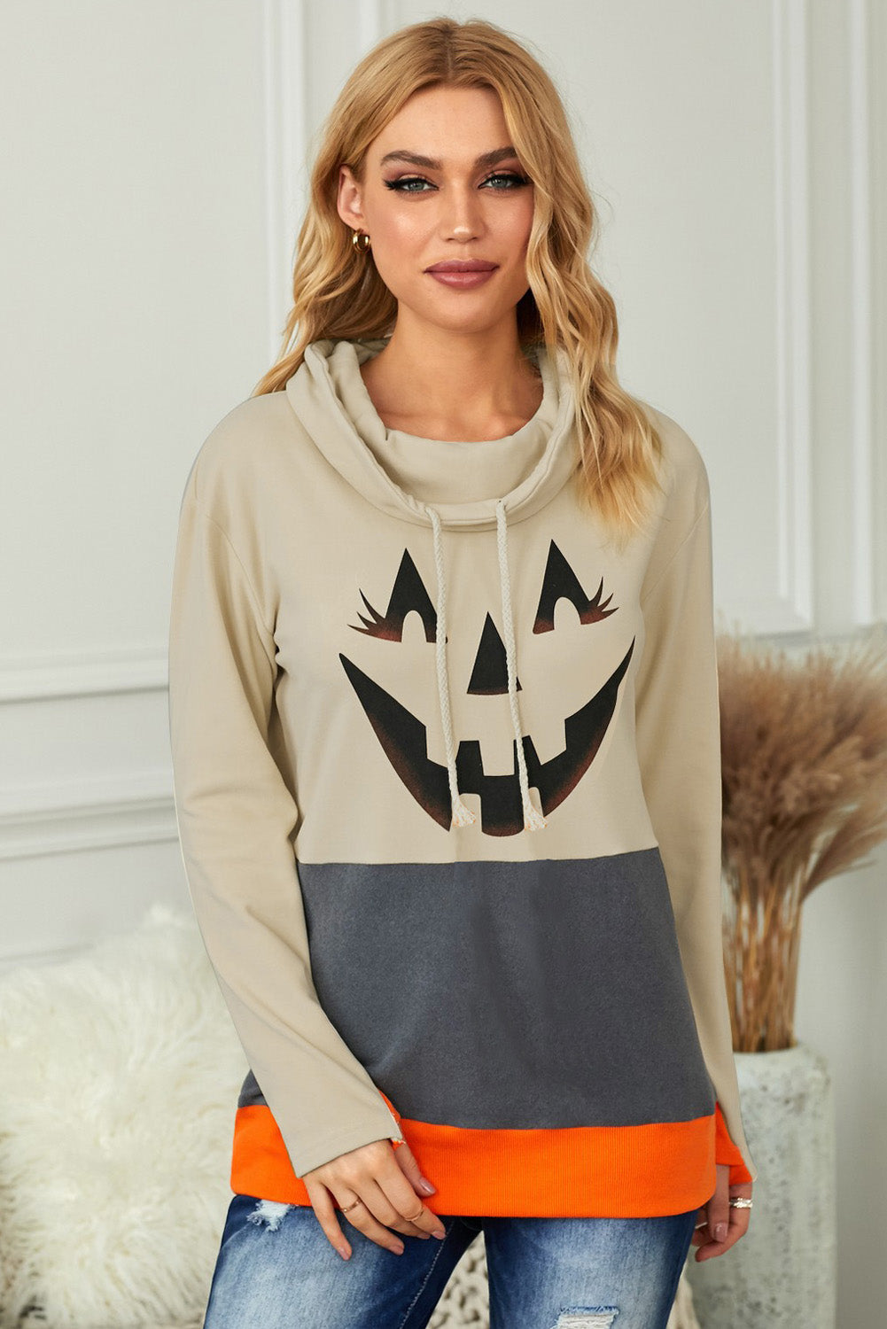 Women's Pumpkin Print Color-Block Halloween Gray Cowl Neck Sweatshirt