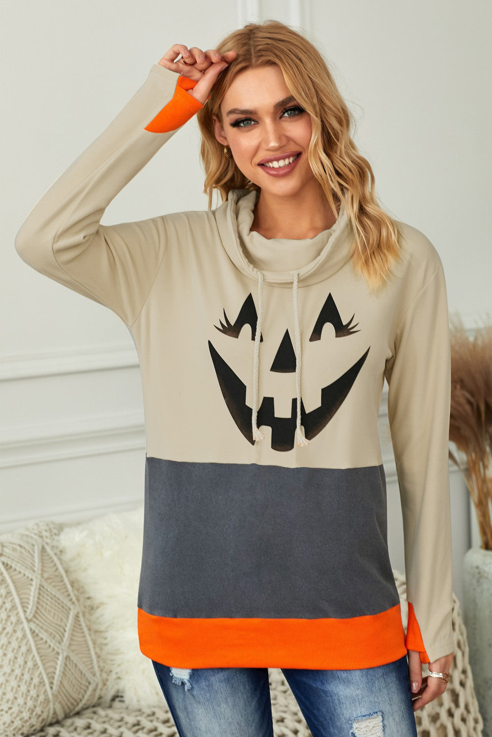 Women's Pumpkin Print Color-Block Halloween Gray Cowl Neck Sweatshirt