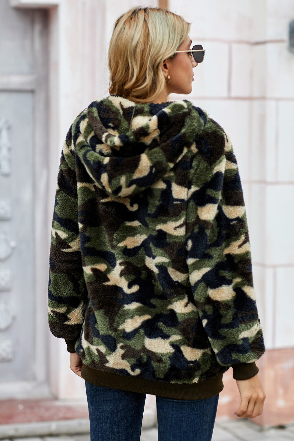 Women's Hoodie Featuring Warm Furry Pullover Women's Winter Green Camouflage-Print