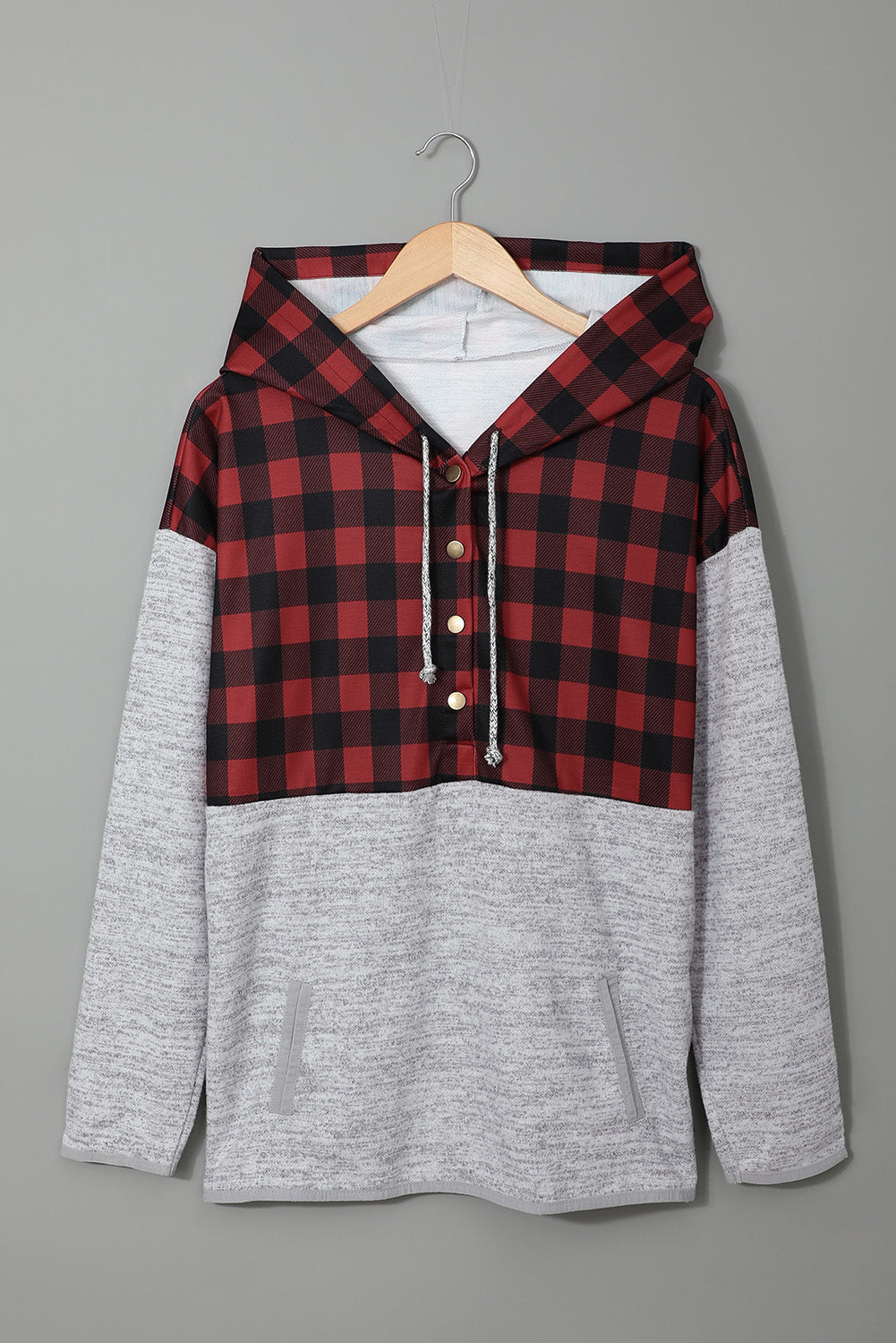 Women's Hoodie Featuring Red Plaid Gray