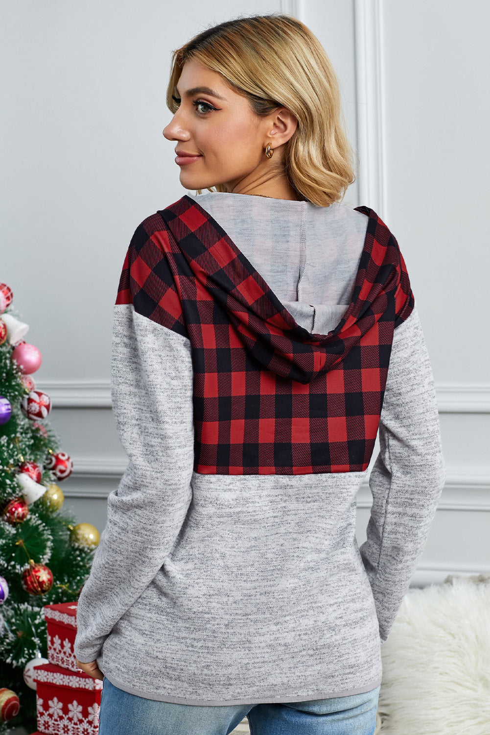 Women's Hoodie Featuring Red Plaid Gray