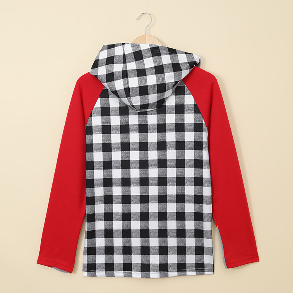 Women's Hoodie with Asymmetric Zip Red Christmas Tree Plaid Pattern