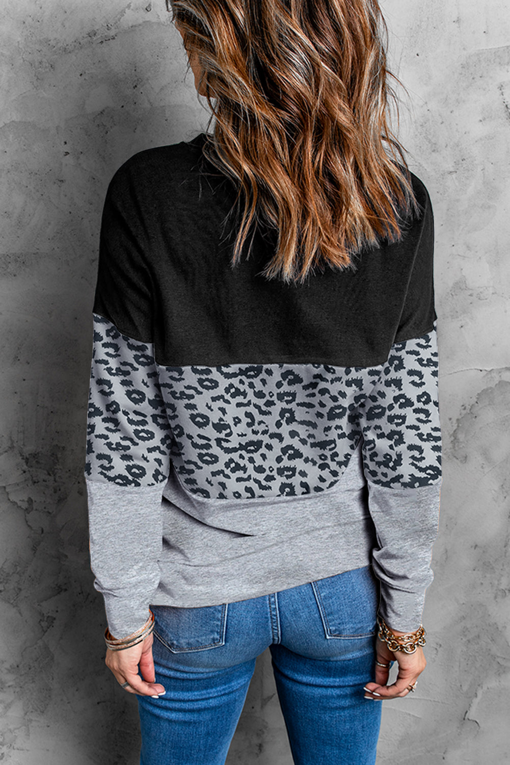 Women's Gray Color-Block Leopard-Print Sweatshirt