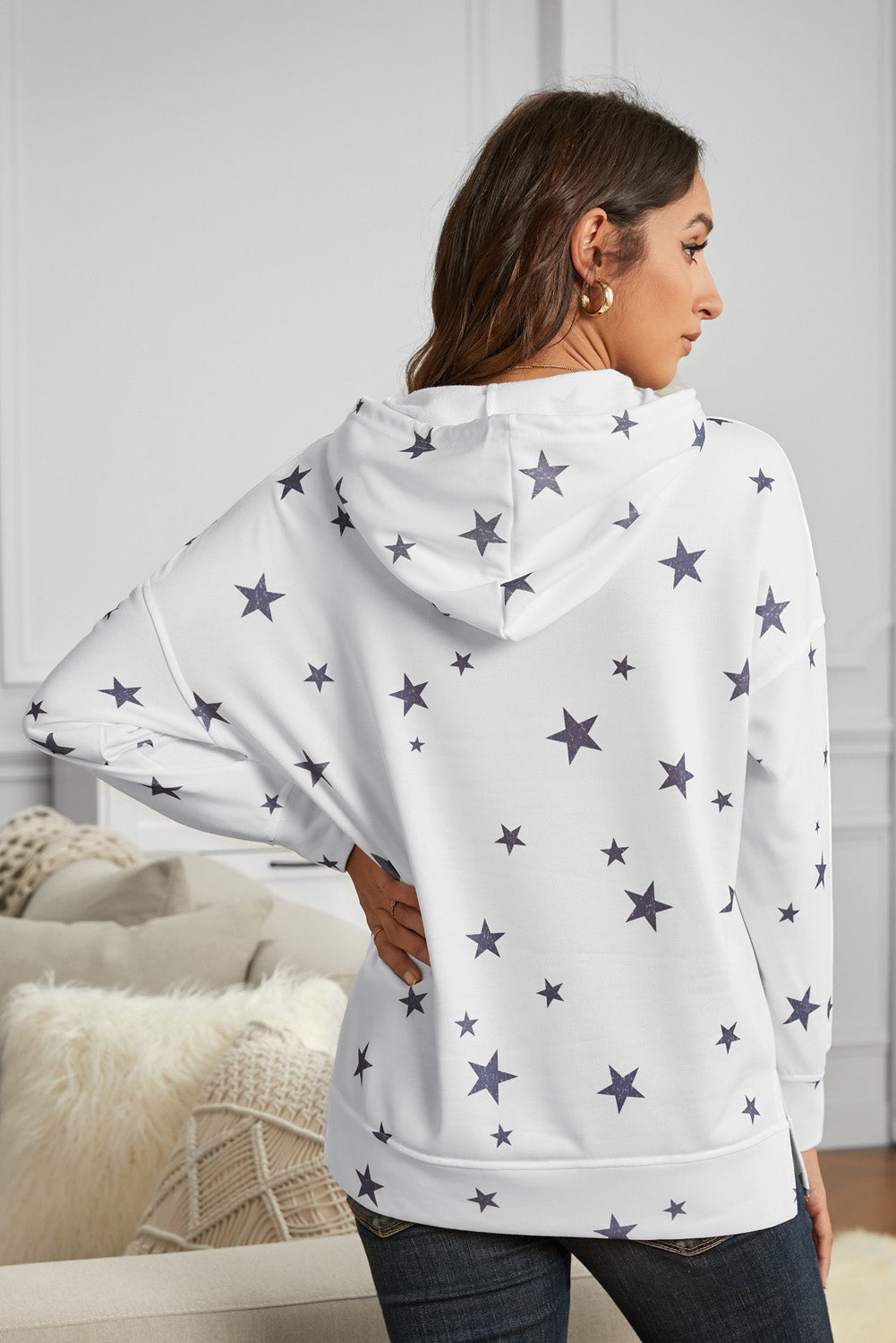 Women's Star Print Women's Side Slits White Hoodie