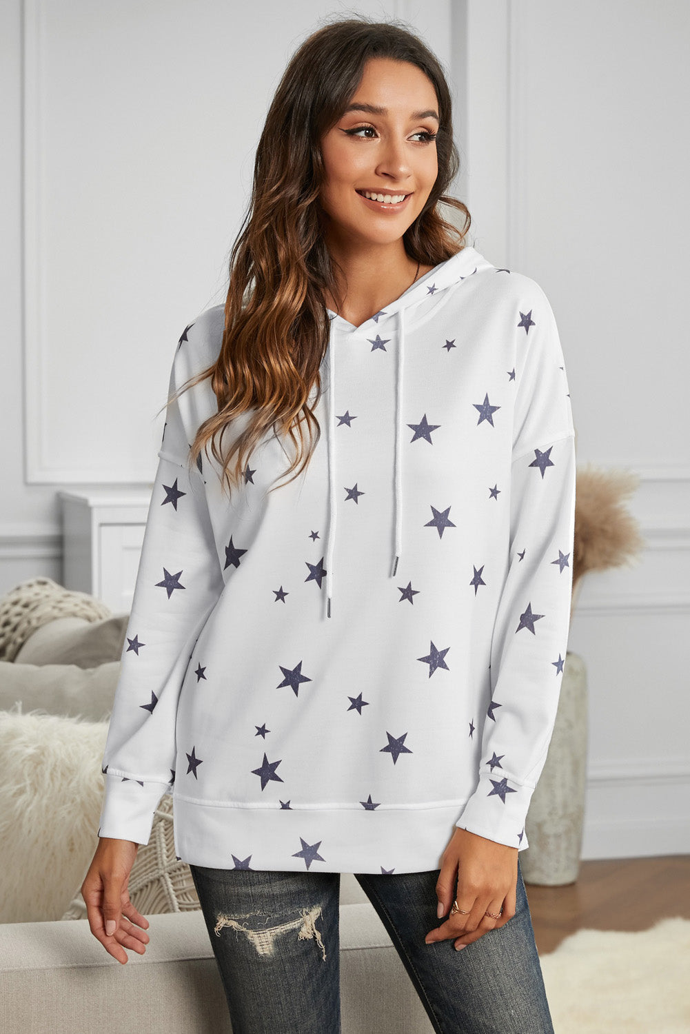 Women's Star Print Women's Side Slits White Hoodie
