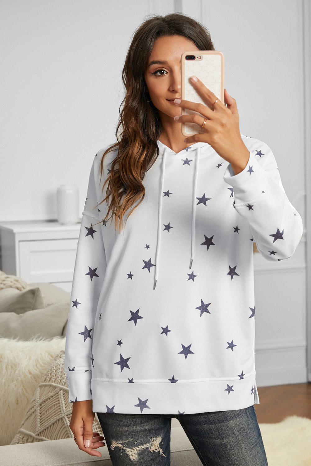 Women's Star Print Women's Side Slits White Hoodie