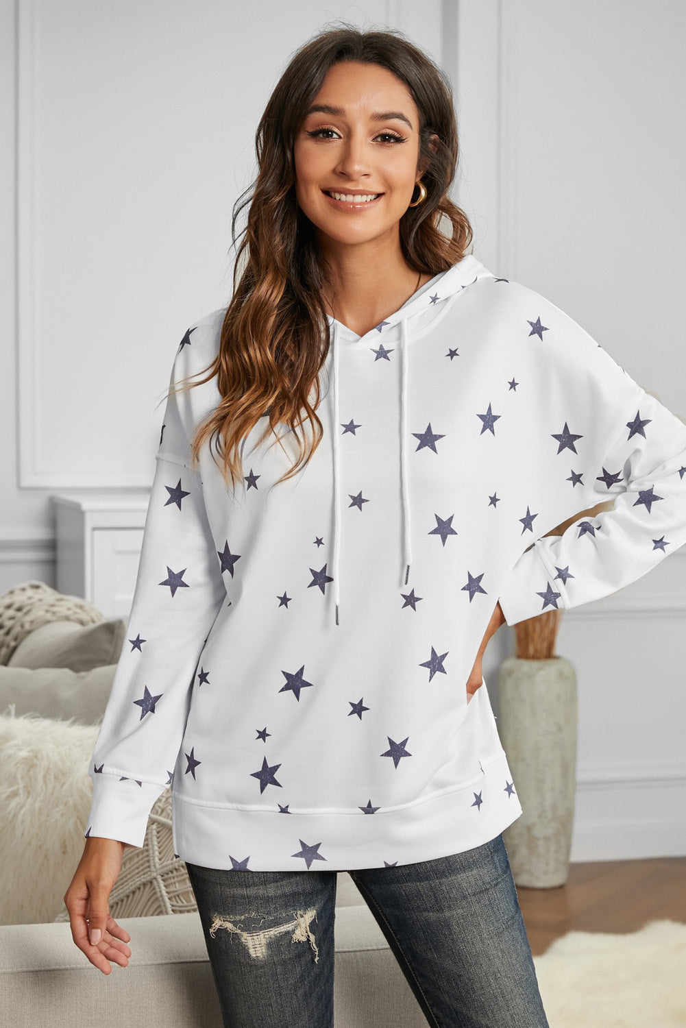 Women's Star Print Women's Side Slits White Hoodie