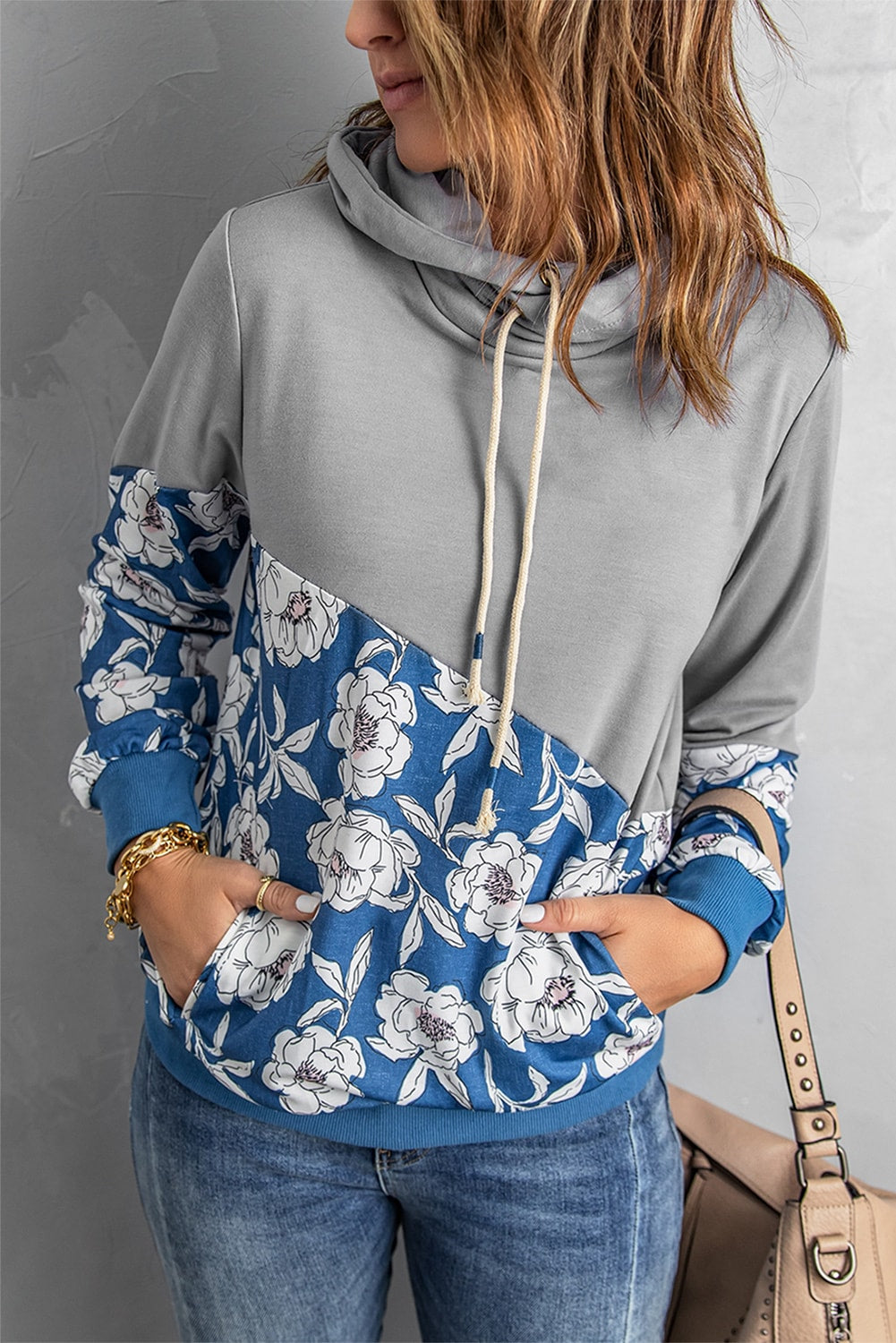 Women's Hoodie Featuring Splicing Cowl Neck Women's Gray Floral-Print