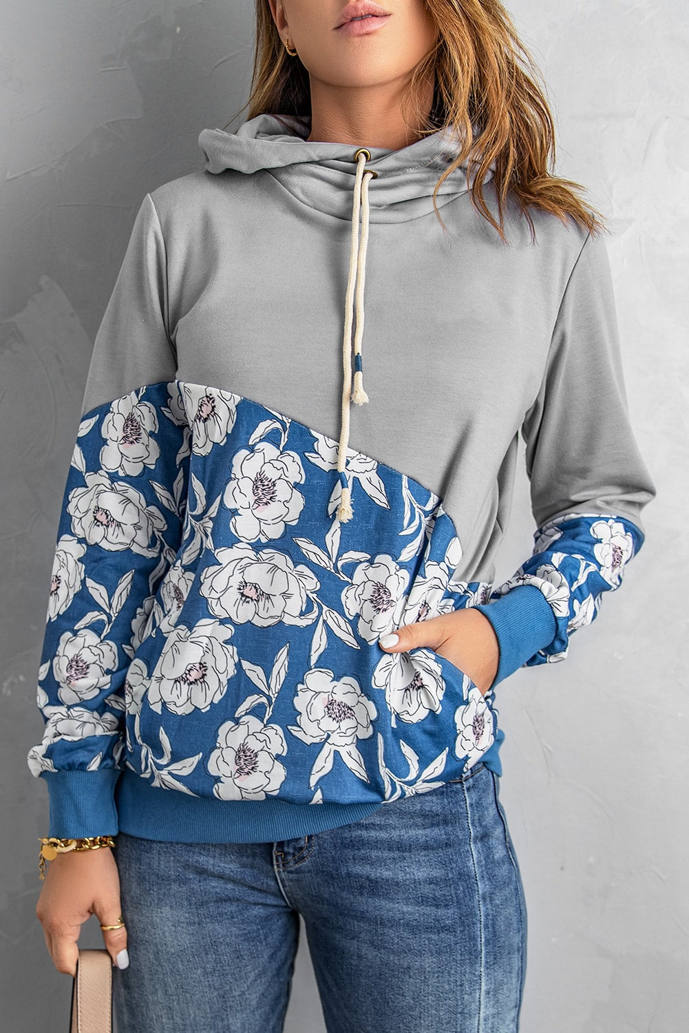Women's Hoodie Featuring Splicing Cowl Neck Women's Gray Floral-Print