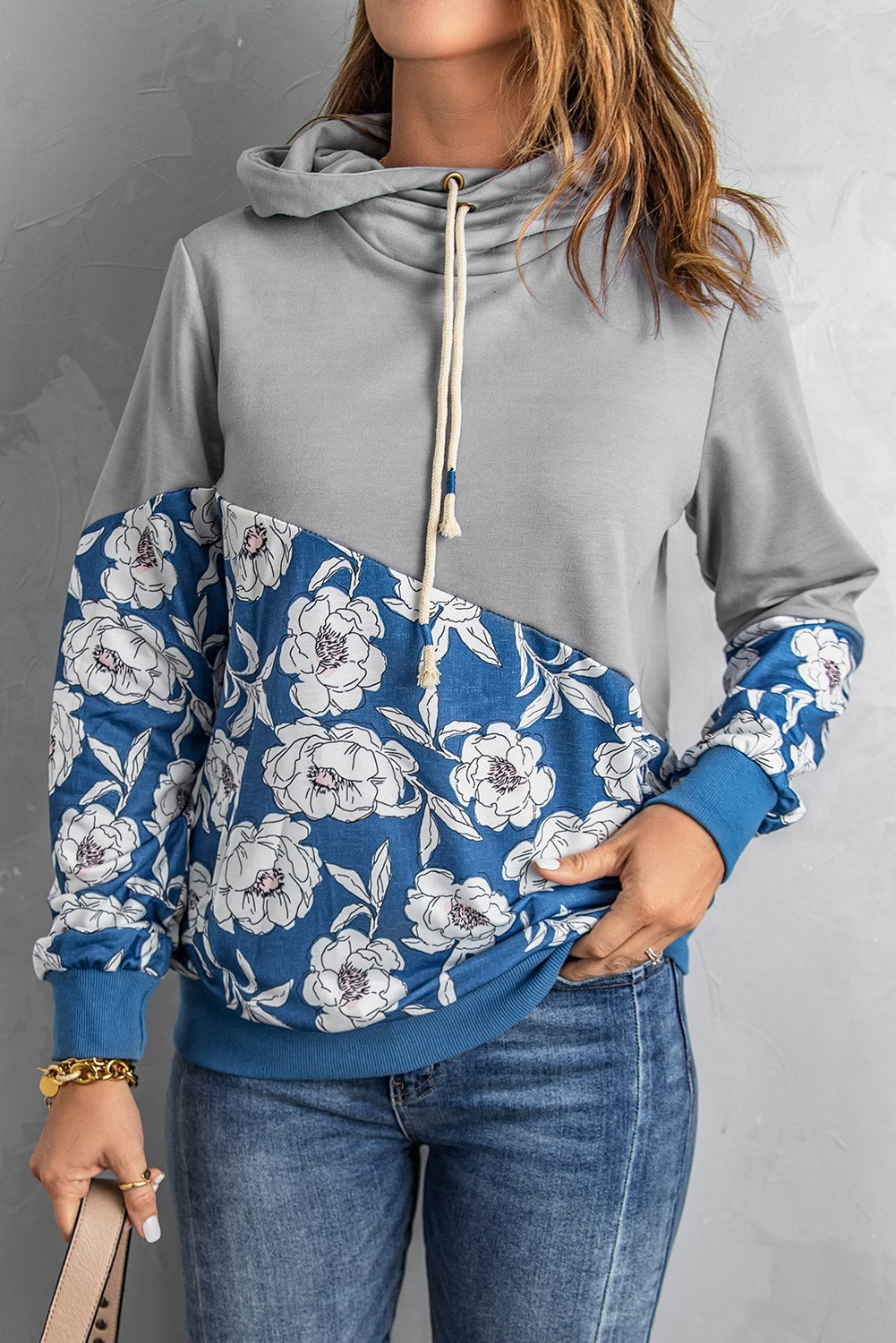 Women's Hoodie Featuring Splicing Cowl Neck Women's Gray Floral-Print