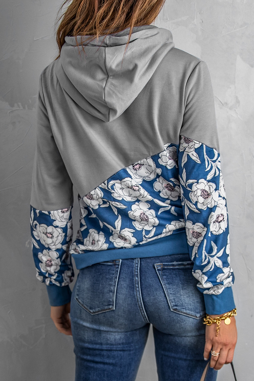 Women's Hoodie Featuring Splicing Cowl Neck Women's Gray Floral-Print
