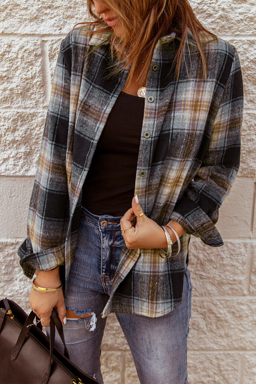 Shirt for Women Black Oversize Plaid