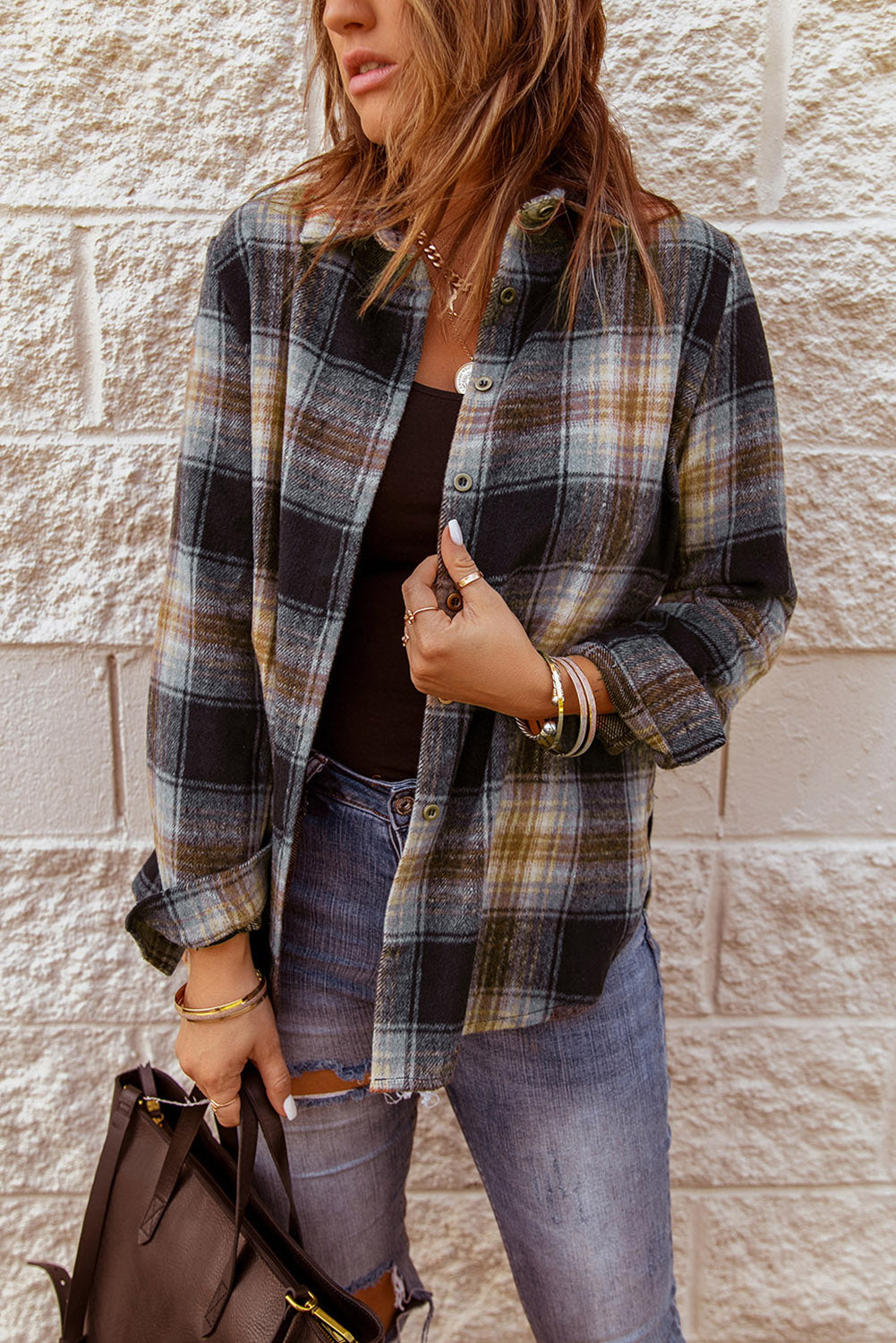 Shirt for Women Black Oversize Plaid