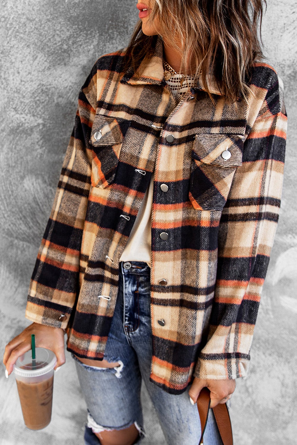 Women's Shirt Jacket with Orange Geometric Plaid