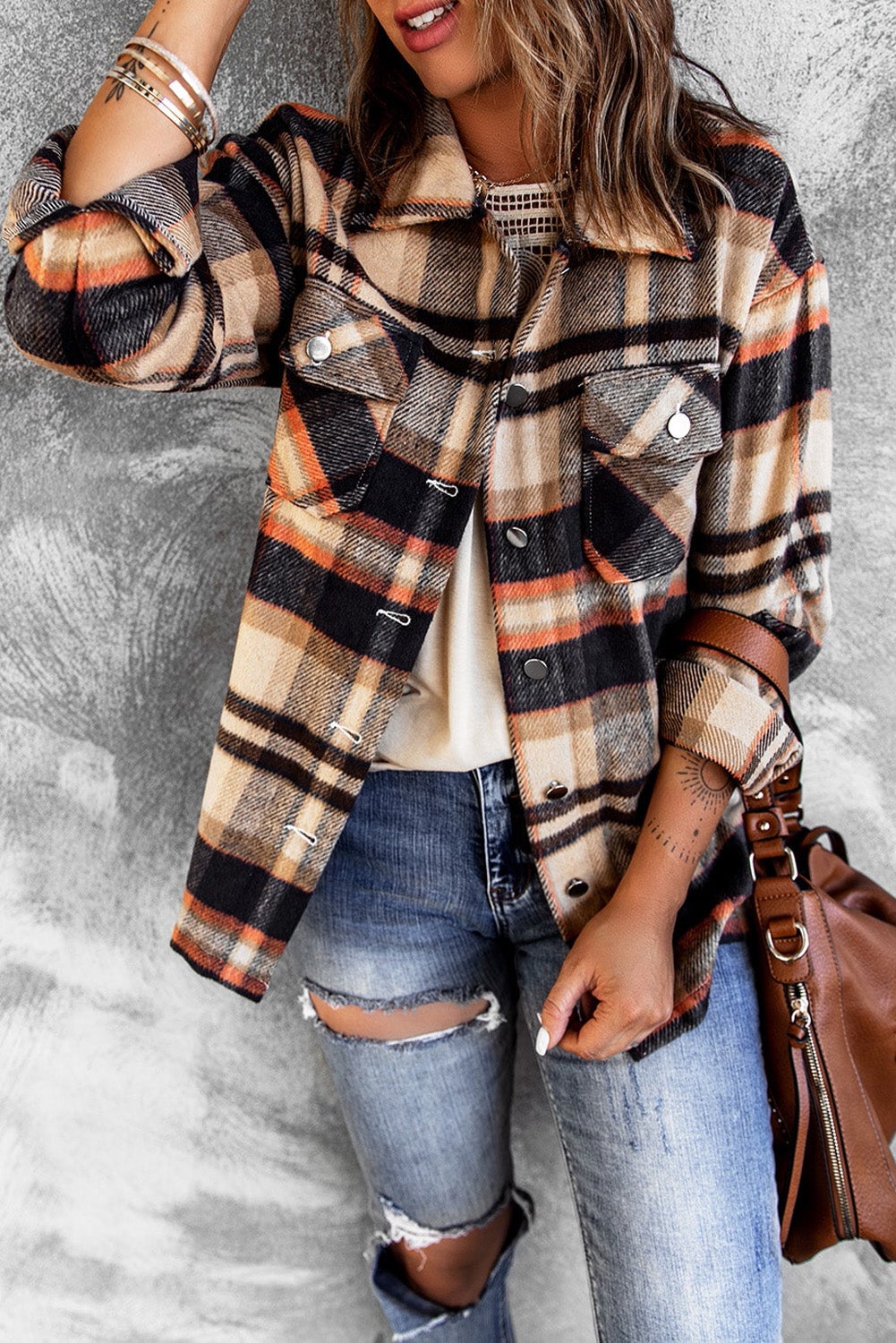 Women's Shirt Jacket with Orange Geometric Plaid
