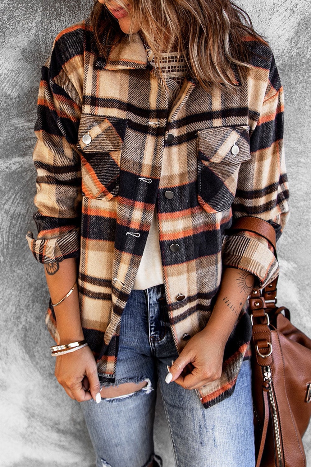 Women's Shirt Jacket with Orange Geometric Plaid
