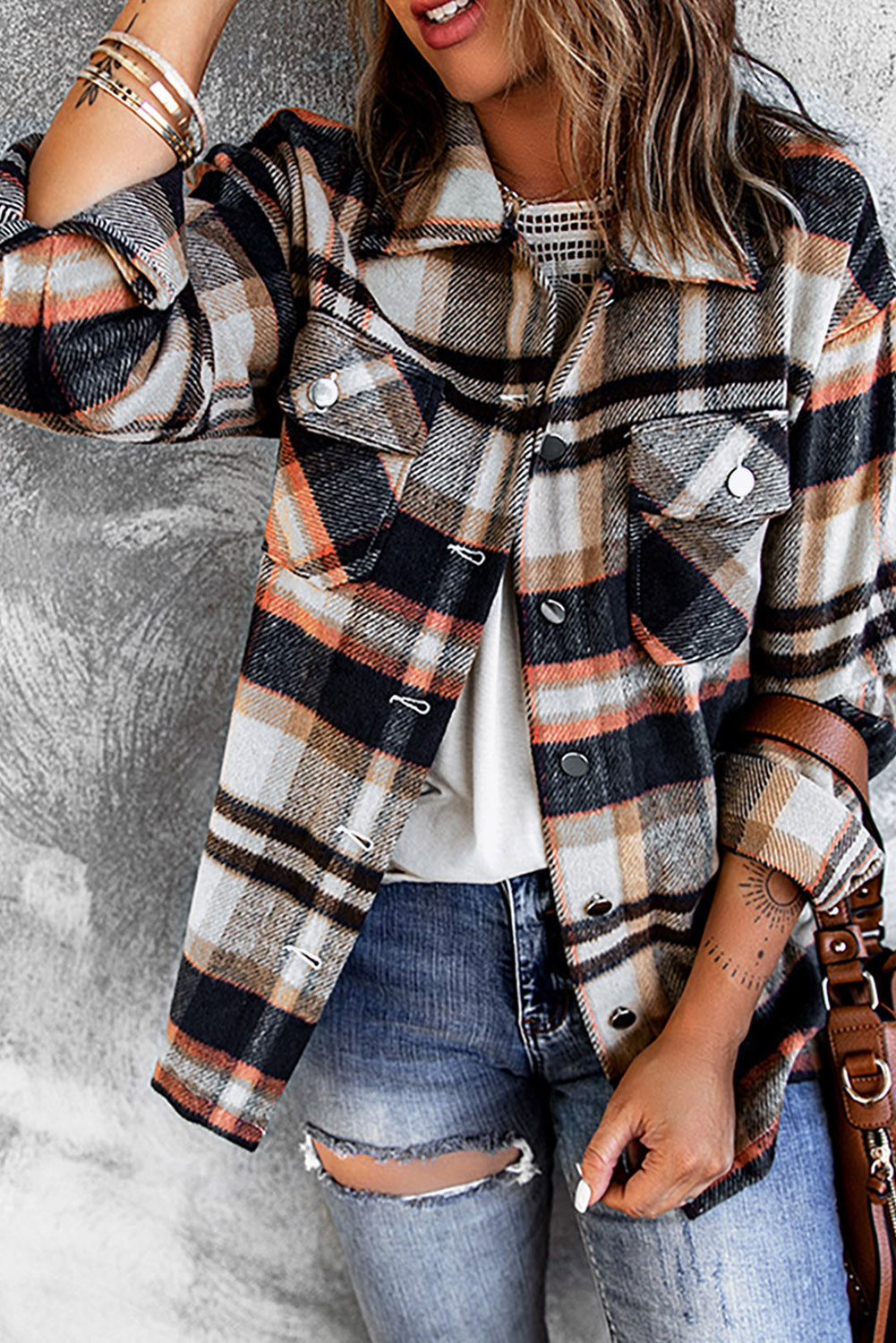 Women's Shacket with Blue Geometric Plaid