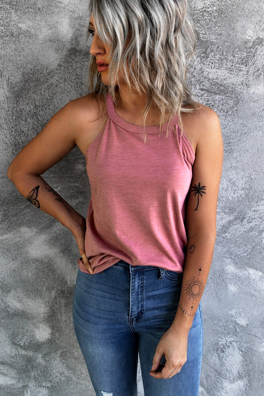 Women's Crew Neck Pink Color Tank Top