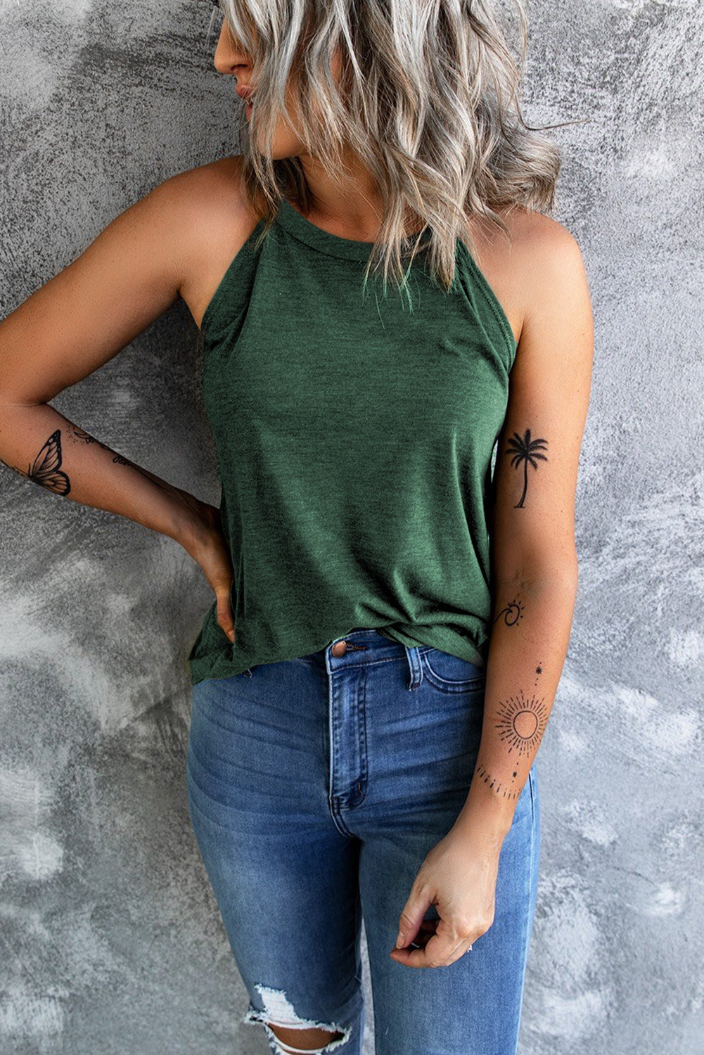 Women's Tank Top with Brief Green Crew Neck