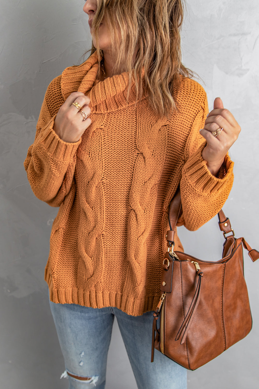 Women's Turtleneck Sweater Featuring Knitted New Yellow Handmade Cable