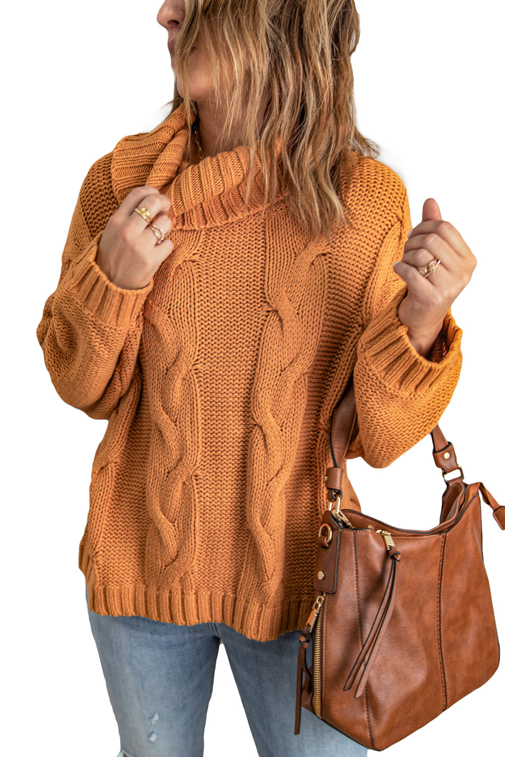 Women's Turtleneck Sweater Featuring Knitted New Yellow Handmade Cable