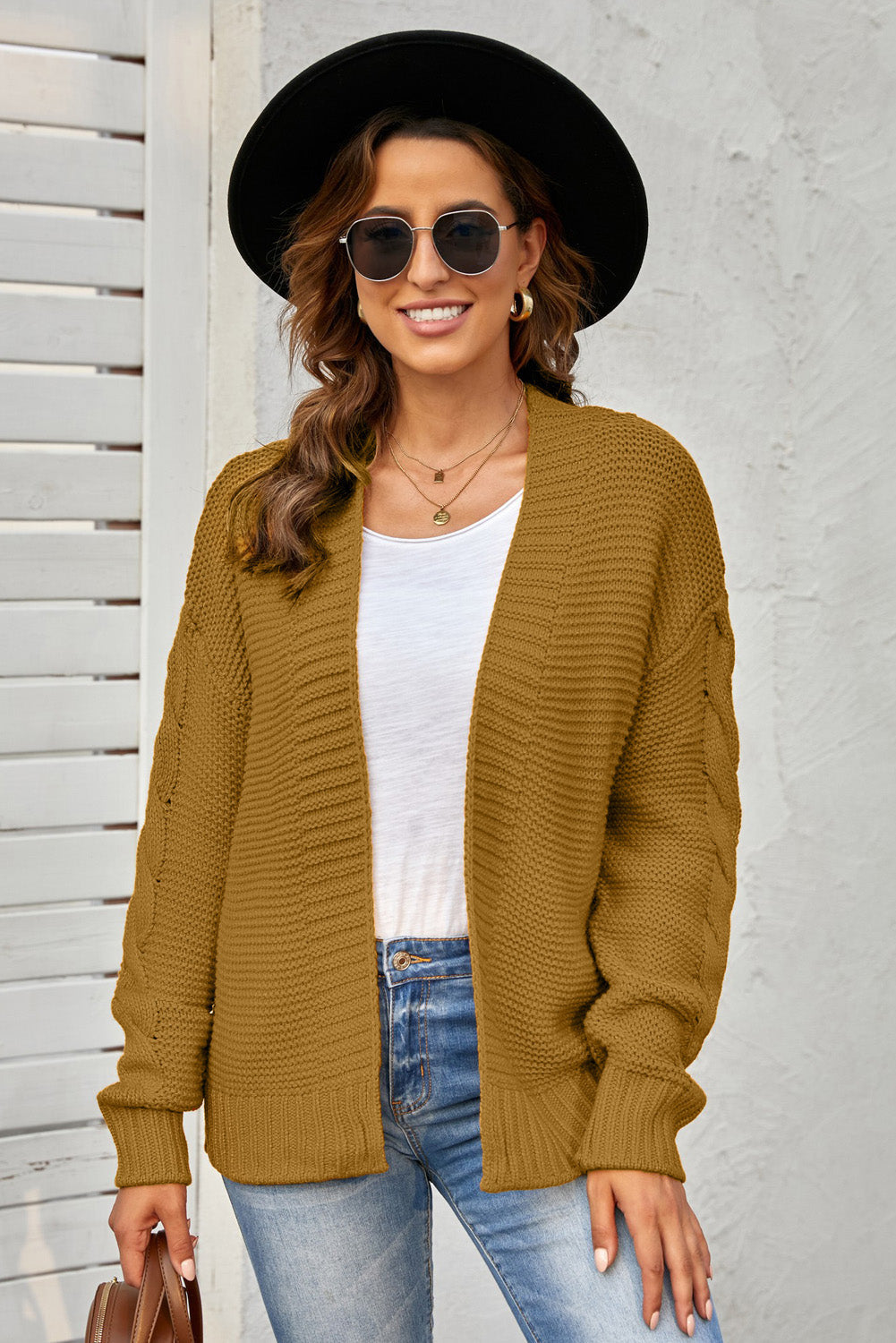 Women's Knit Cardigan with Fahion Brown Open Front Chunky