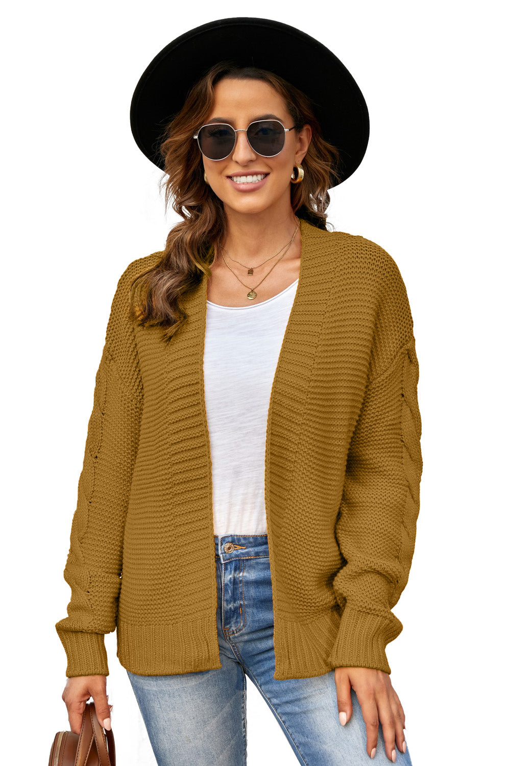 Women's Knit Cardigan with Fahion Brown Open Front Chunky
