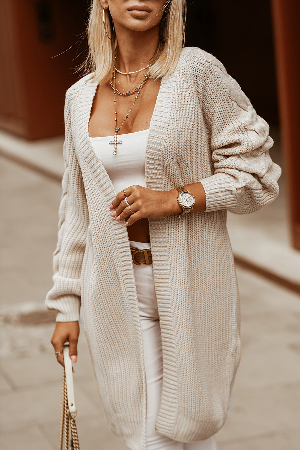 Women's Long Cardigan with Sleeve Khaki Cable