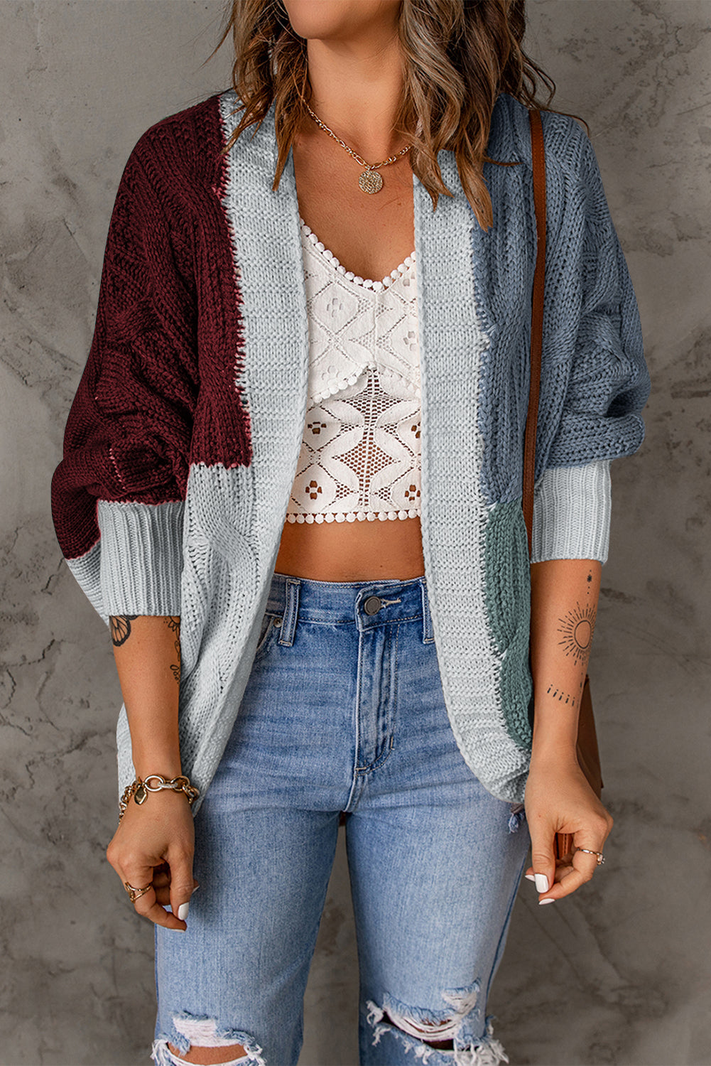 Women's Red Color-Block Loose Cardigan