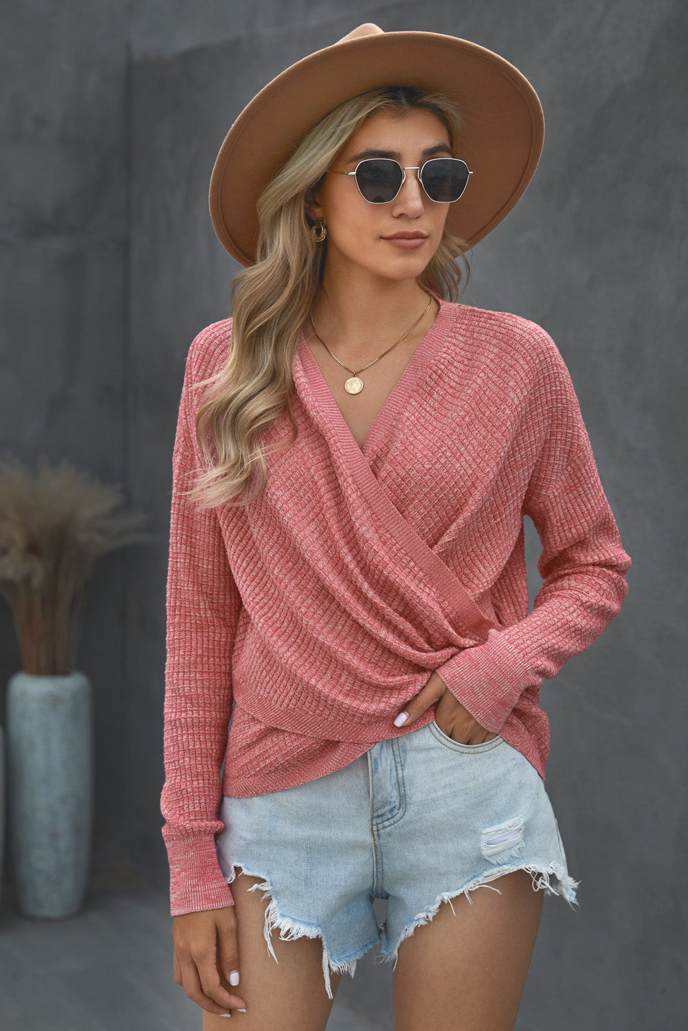 Women's Women's Pink Deep V-neck Long-Sleeve Knit Sweater
