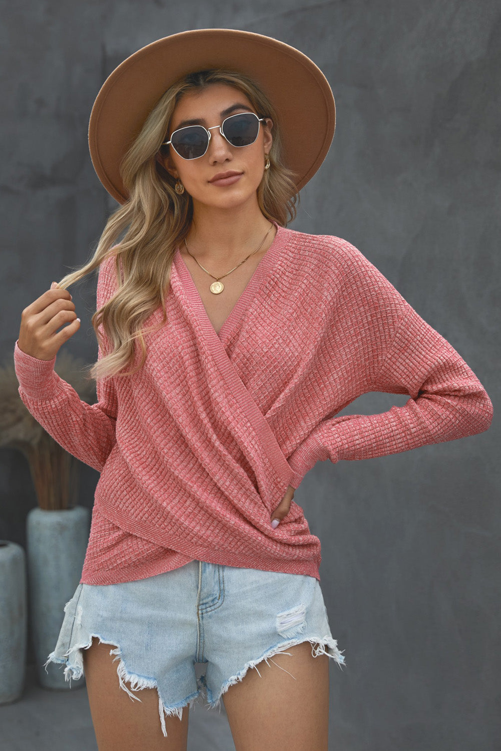 Women's Women's Pink Deep V-neck Long-Sleeve Knit Sweater