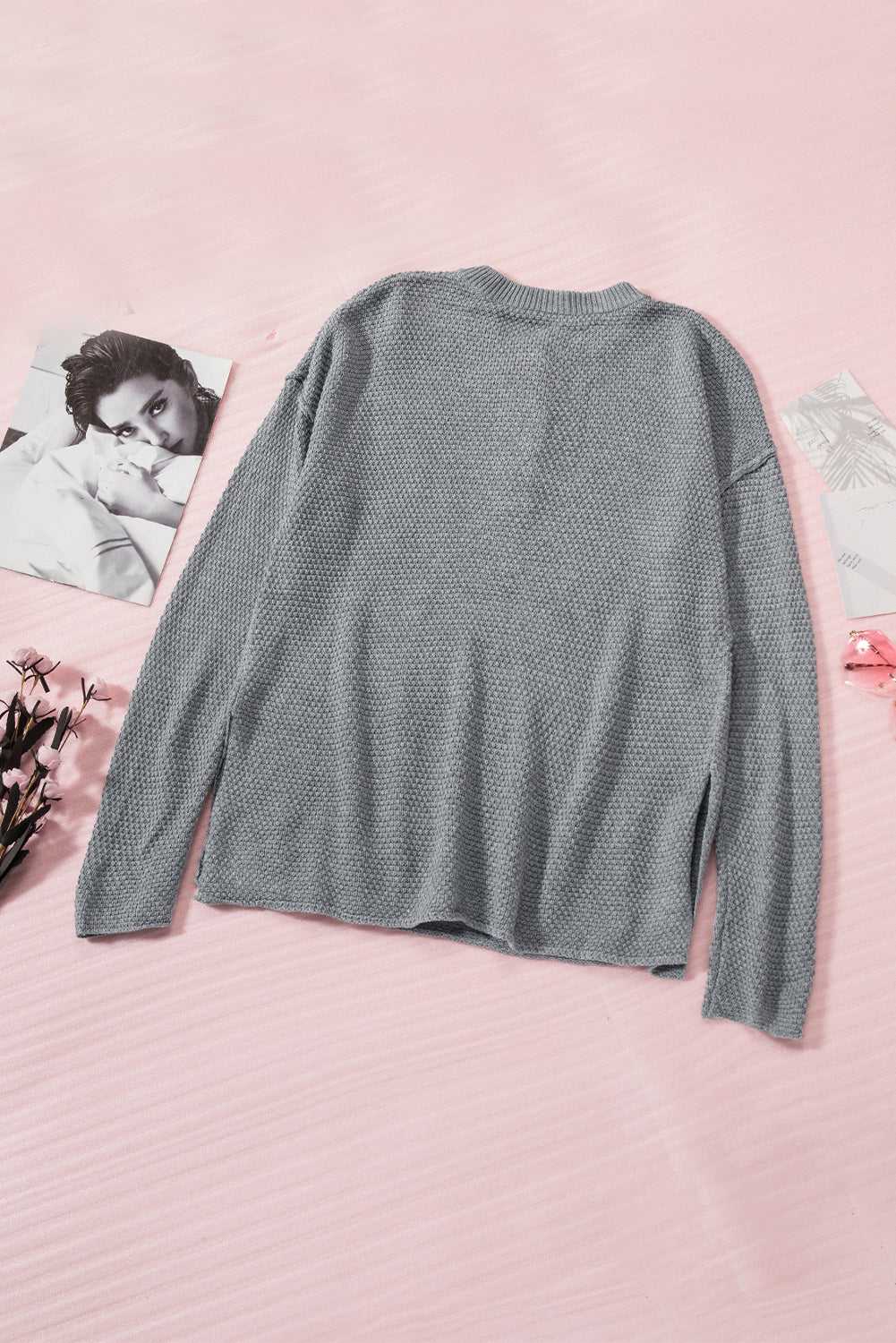 Women's Sweater with Women's Gray Henley Pullover Dropped-Shoulder Slits