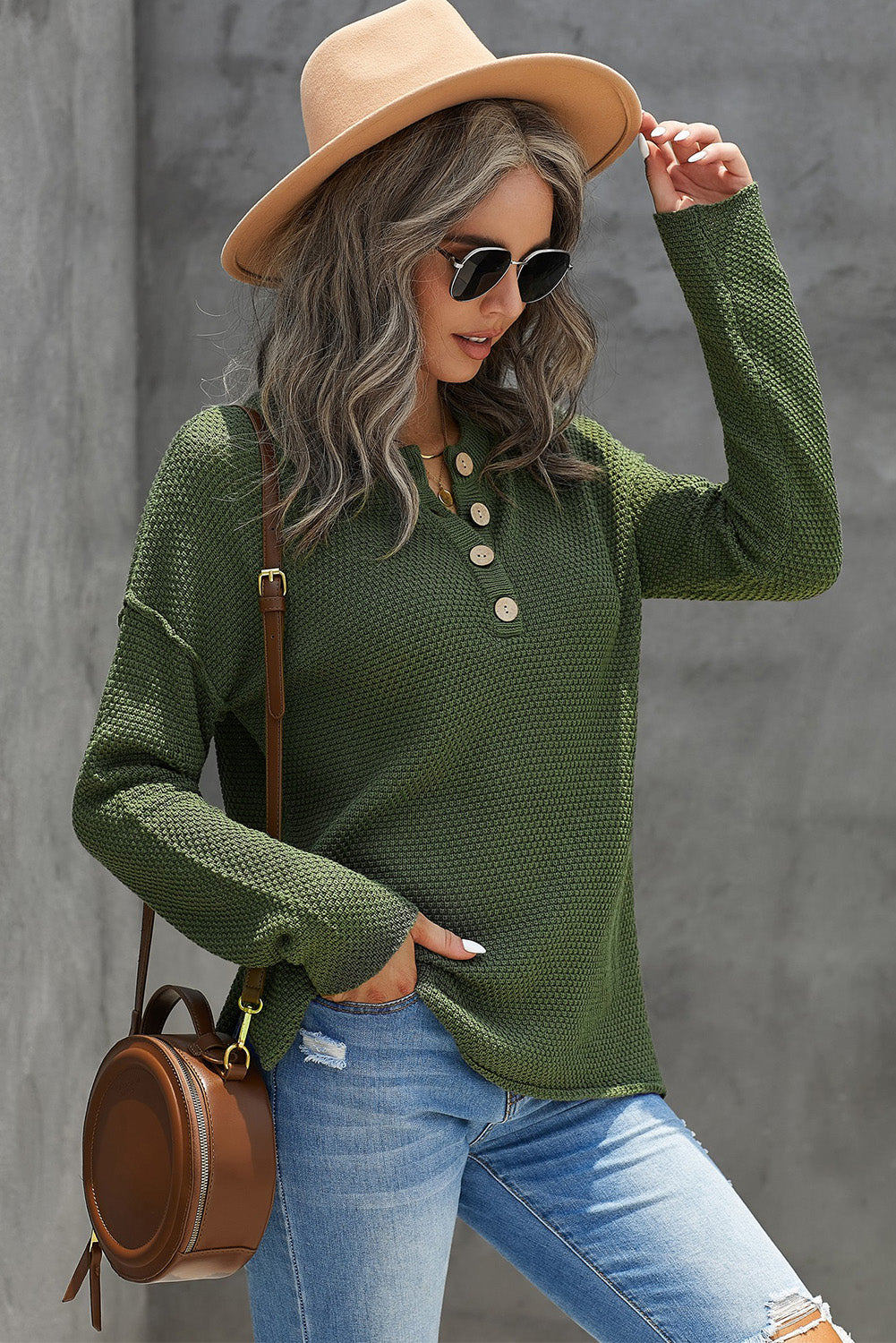 Women's Slits with Women's Green Henley Pullover Dropped-Shoulder Sweater with
