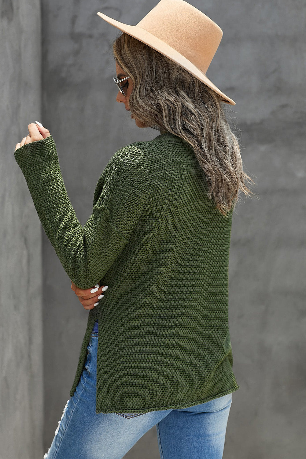 Women's Slits with Women's Green Henley Pullover Dropped-Shoulder Sweater with