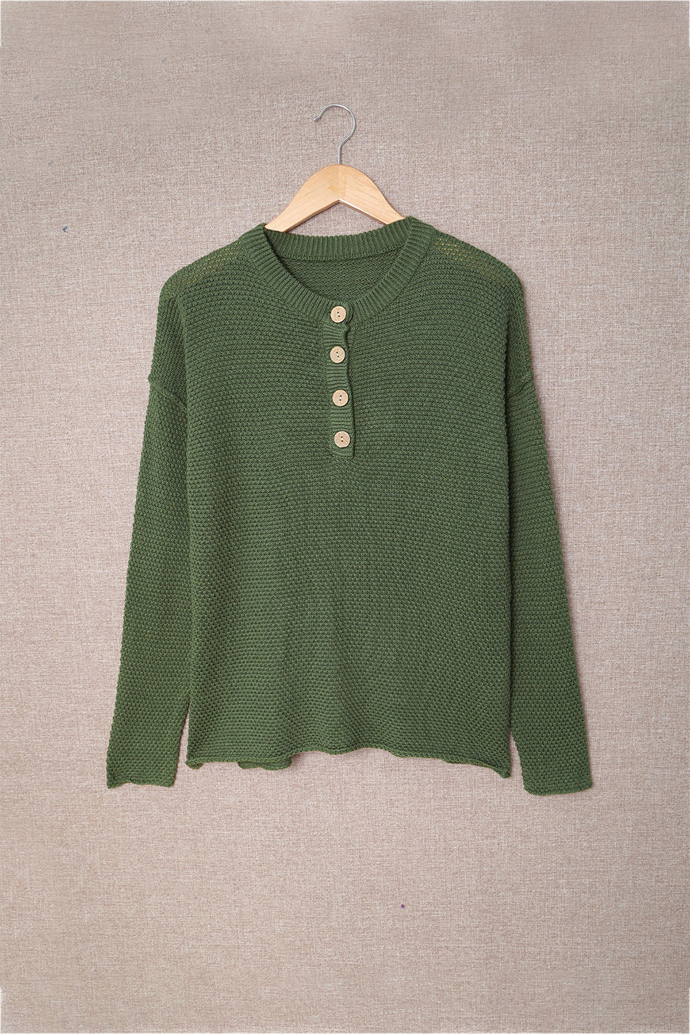 Women's Slits with Women's Green Henley Pullover Dropped-Shoulder Sweater with
