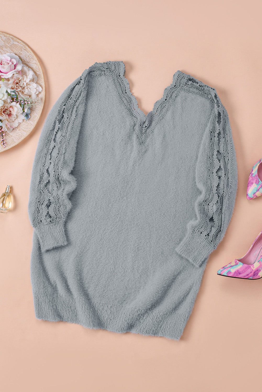 Sweater for Women Gray Lace-Trimmed Splicing
