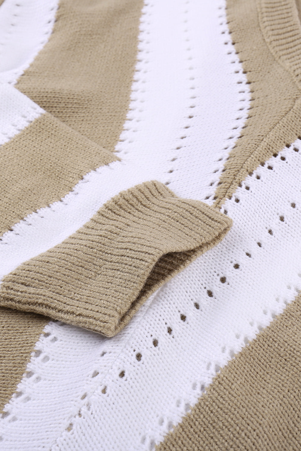 Women's Sweater with New Khaki Striped Color-Block V Neck Knitted