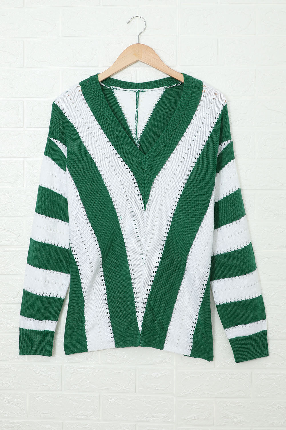 Women's V Neck Knitted Green White Striped Color-Block Sweater