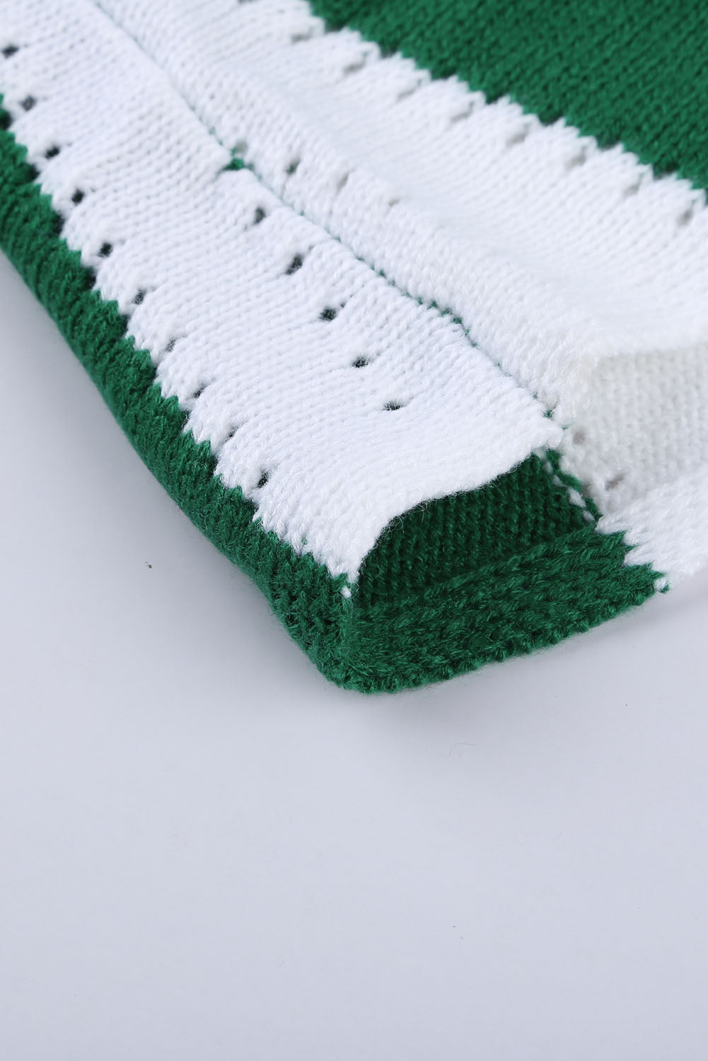 Women's V Neck Knitted Green White Striped Color-Block Sweater